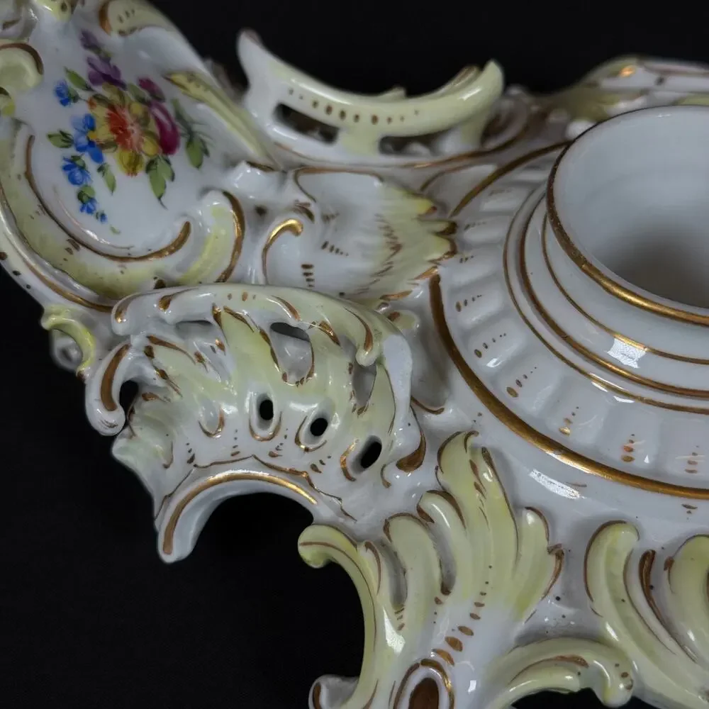 Antique Carl Thieme Dresden Porcelain candle stick candleholder floral gold gild